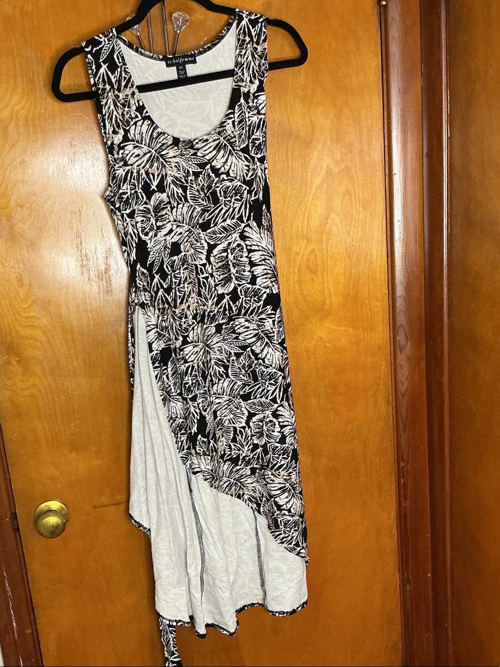 White & Black Tropical Print Asymmetrical Dress by